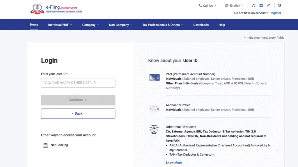 Income Tax India e-Filing portal homepage 2025 for ITR filing